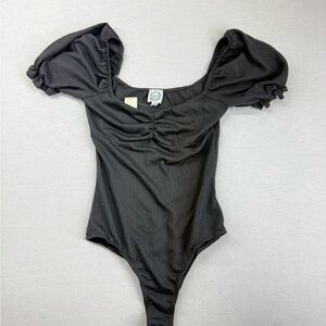 Blue‎ Rain Ribbed Bodysuit Ruffle Sleeve Black Women's S Ruched Sweetheart NWT